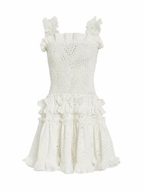 Waimari Alfresco White Eyelet Ruffle Mini Dress Size M | Smocked | VGUC